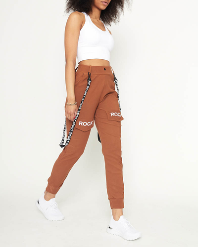 Women's cargo trousers with camel-colored suspenders - Clothing