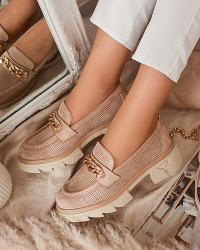 Kuldse kaunistusega öko-suedermokassinad helepruunid Zaffix- Jalatsid