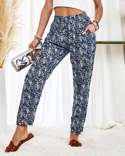 Royalfashion Navy blue women's fabric pants with white flowers