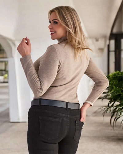 Women's half turtleneck sweater in light brown- Clothing