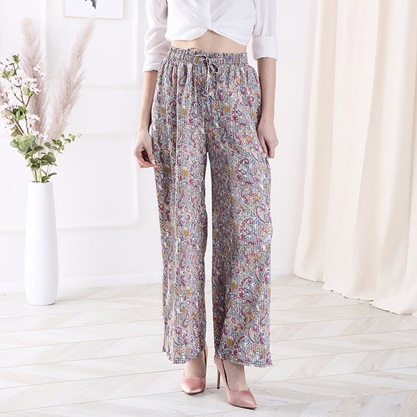 Patterned wide-leg pants for women in cream color- Clothing