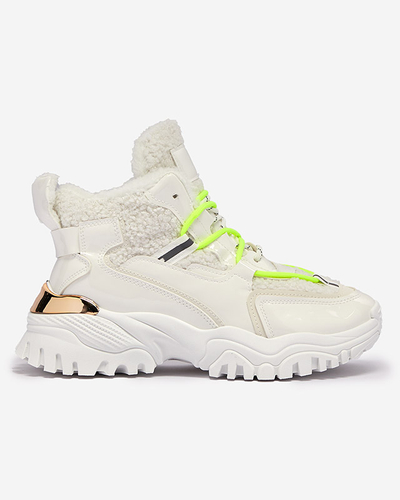 Valged naiste spordijalatsid karusnaha ja neoonroheliste pitsidega Sagglo- Footwear