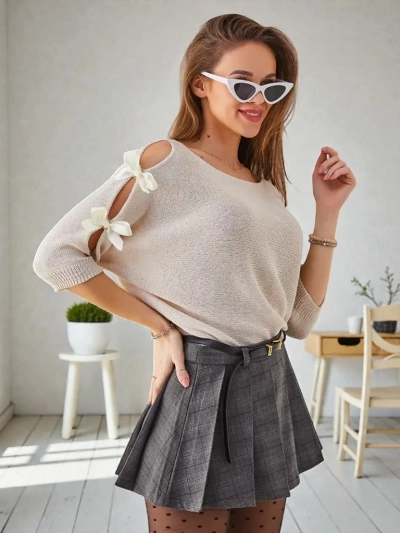 Sweter Damski Flora Beżowy z Tkaniny Elegancki na Wiosnę