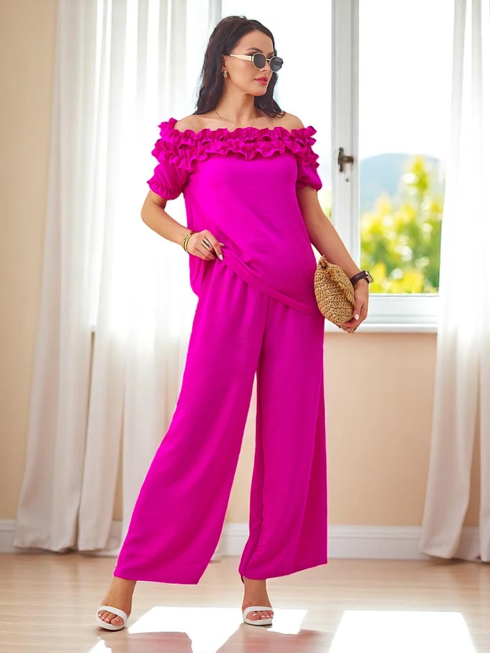 Royalfashion Женский комплект с блузкой с открытыми плечами с короткими рукавами и декоративным вырезом, а также широкими брюками