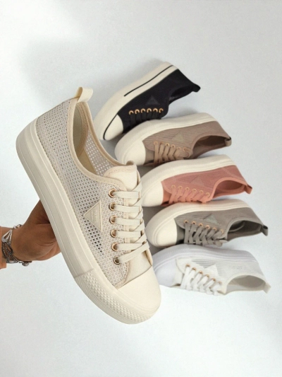 Women's Beige Callista Mesh Sneakers - Flat Heel, Summer Autumn Collection