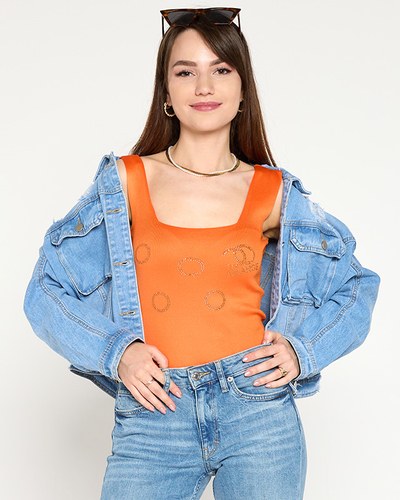 Ladies' orange top with golden cubic zirconia - Clothing