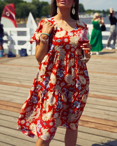 Royalfashion Red women's dress with colorful floral pattern