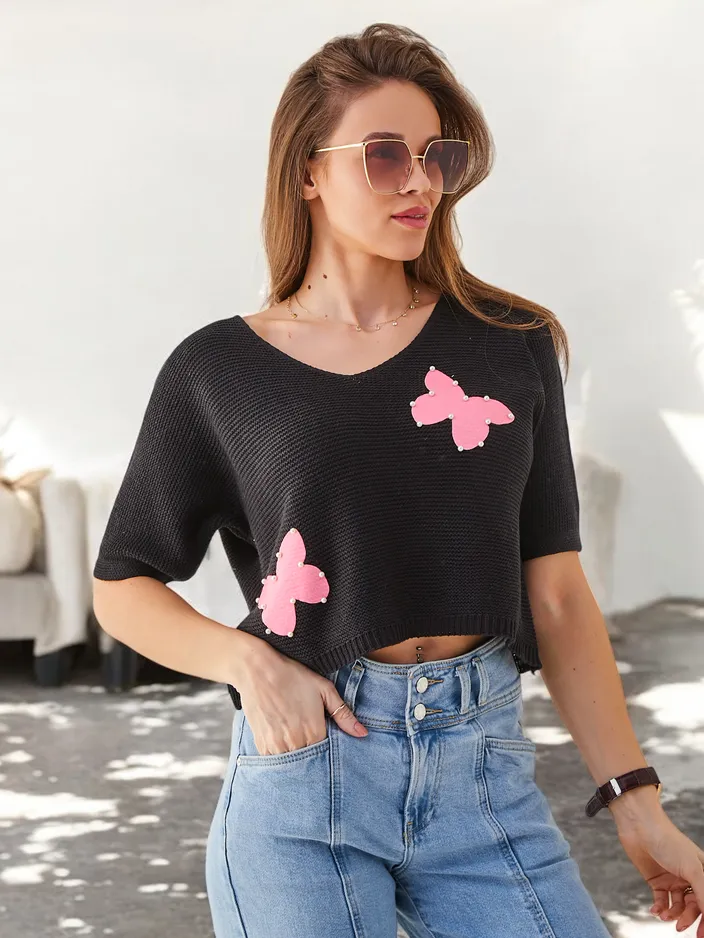 Royalfashion Naiste puuvillane lühike sviiter liblikatega