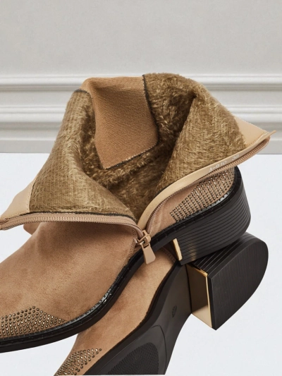 Women's Eco Suede Ankle Boots Decorated with Rhinestones TangleMist