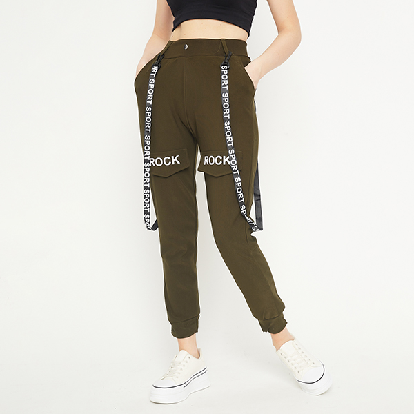 Dark green women's cargo trousers with suspenders - Clothing