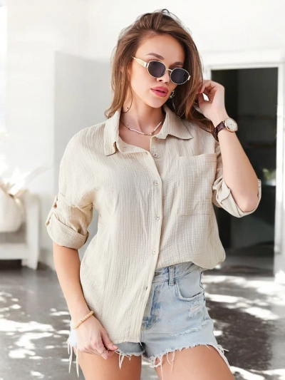 Royalfashion Cotton women's shirt with embossing, V-neck, and 3/4 sleeves