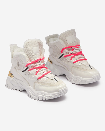 White women's sports shoes with fur and neon pink laces Sagglo- Footwear