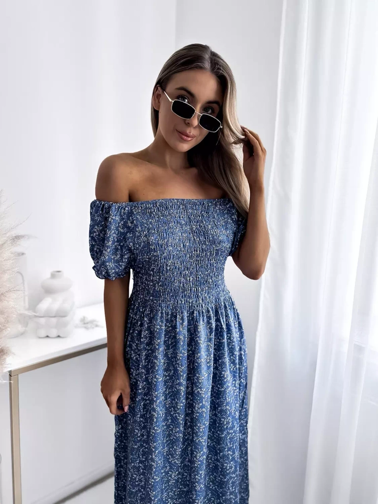 Синее женское цветочное платье-миди - Одежда