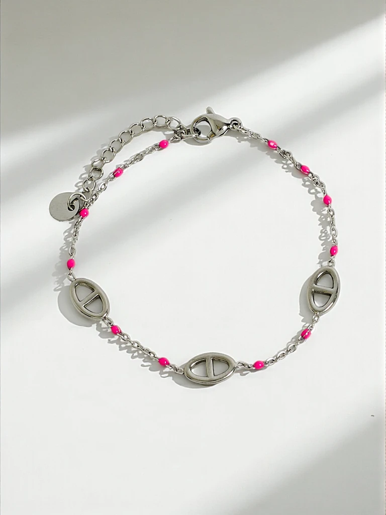 Callista Elegantia bracelet with links and pink beads, surgical steel