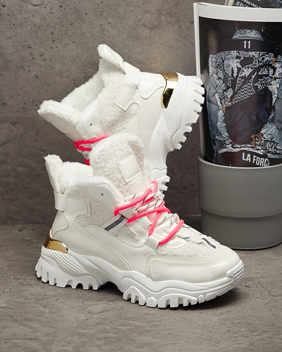 Valged naiste spordijalatsid karusnahast ja neoonroosa pitsidega Sagglo- Footwear