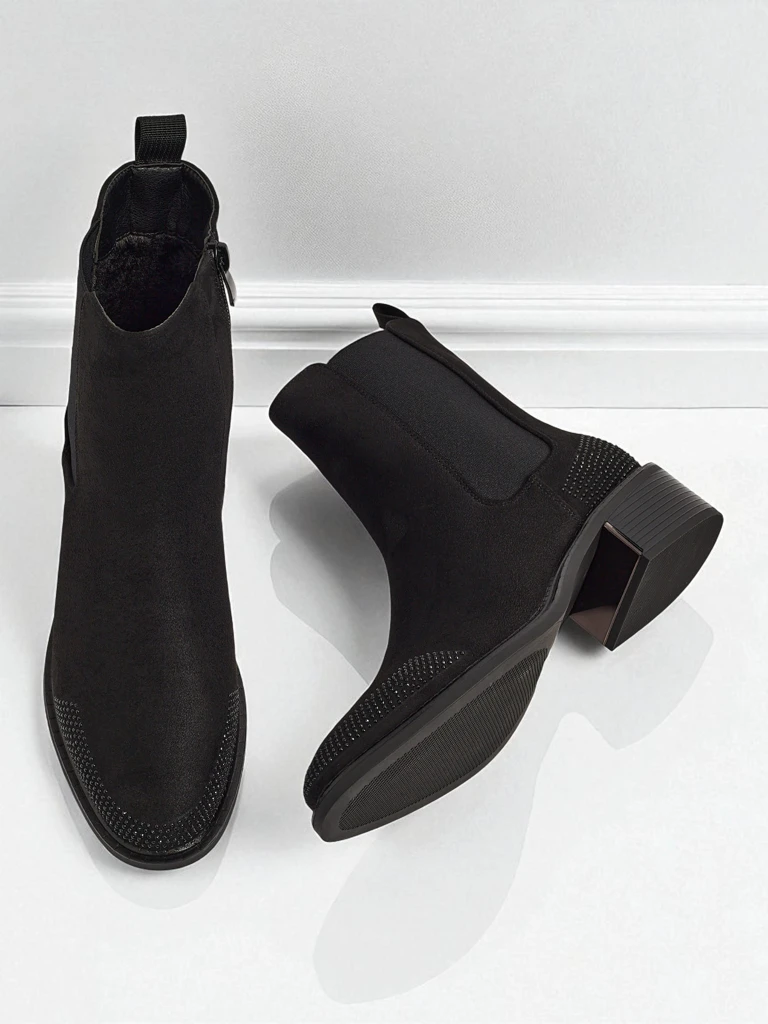 Women's Eco Suede Ankle Boots Decorated with Rhinestones TangleMist