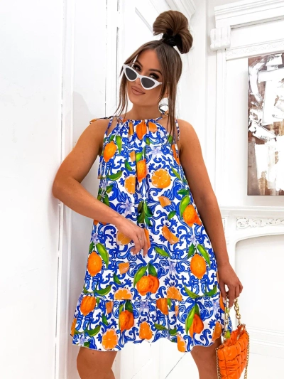 Royalfashion naiste minikleit rihmadega ja vööga, trendikate oranžide mustritega