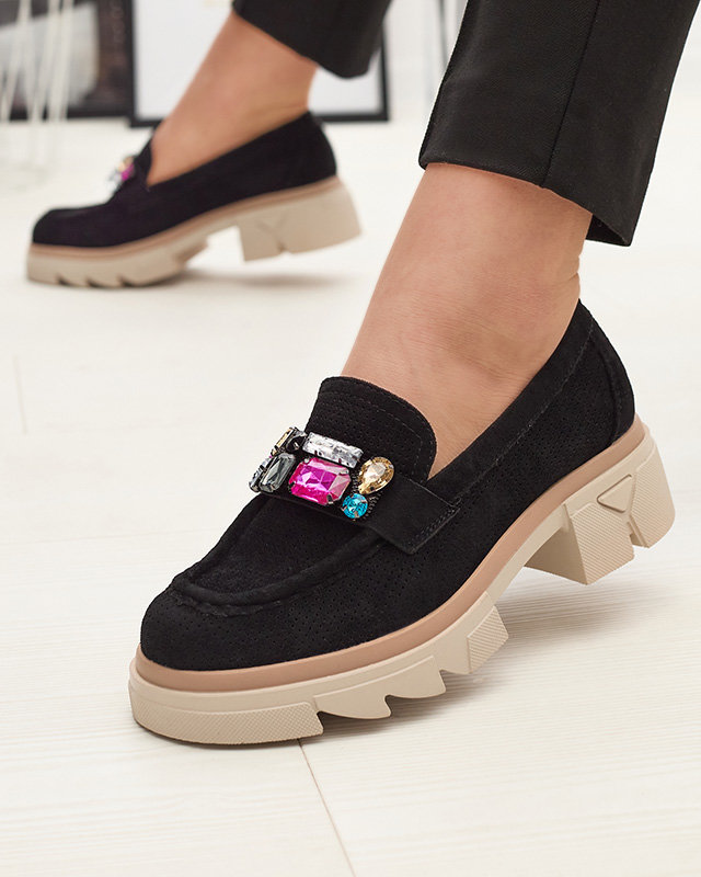 Black openwork women's moccasins with Bokkso decoration- Footwear