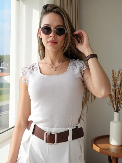 Royalfashion Cotton women's t-shirt with lace sleeves