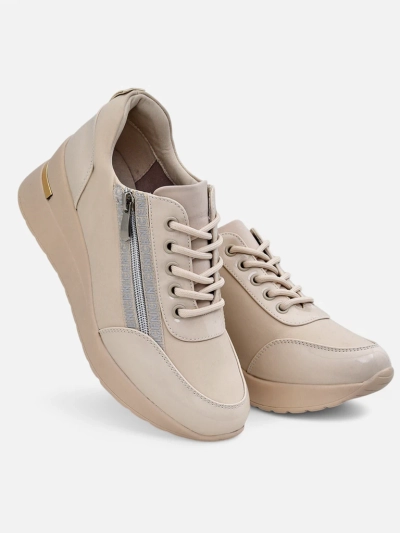 Женские бежевые кроссовки на танкетке HeraBea из экокожи 6,5 см с замком