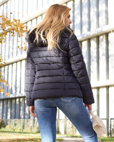 Navy blue women's quilted jacket with hood and fur- Clothing