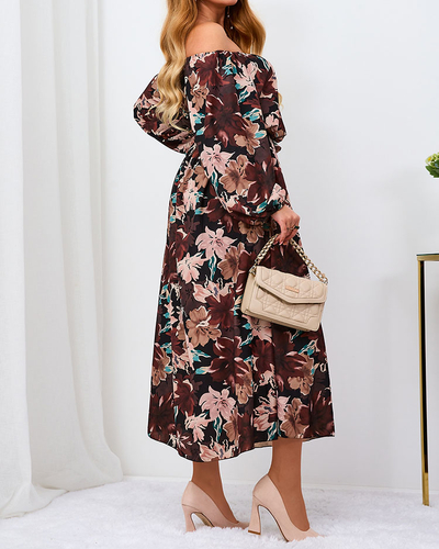 Royalfashion Musta ja pruuni värvi lilleline maxikleit naistele