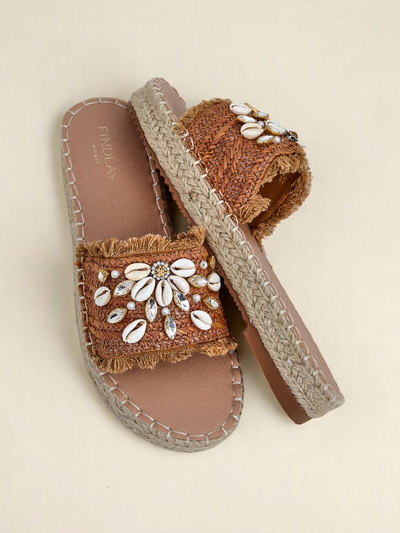 Royalfashion Callista Boho Camel Flat Platform Sandals with Shells