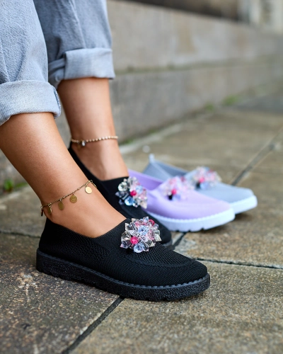 Royalfashion Mustad naiste kangast mokasiinid kristallidega Fezens