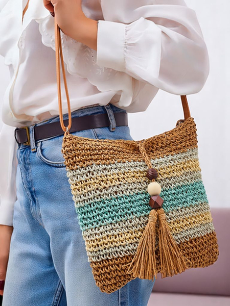 Royal Fashion Small Striped Straw Women's Bag with Charm