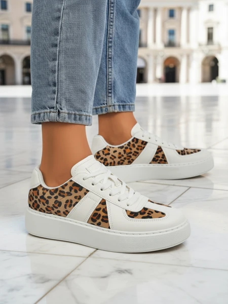 Women's Sneakers Calista Leopardia – White Eco Leather Fabric Spring 4cm