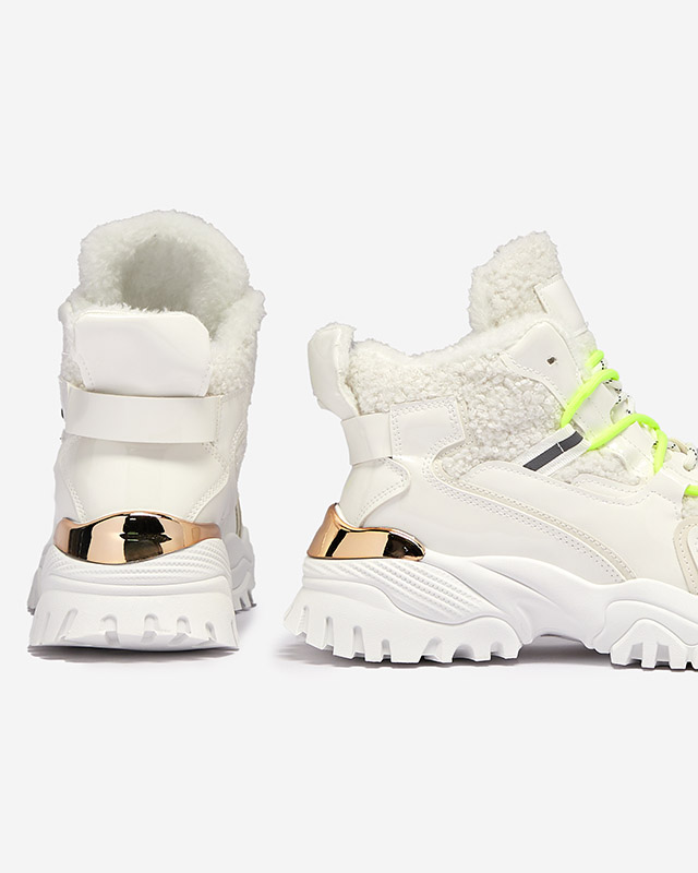 Valged naiste spordijalatsid karusnaha ja neoonroheliste pitsidega Sagglo- Footwear