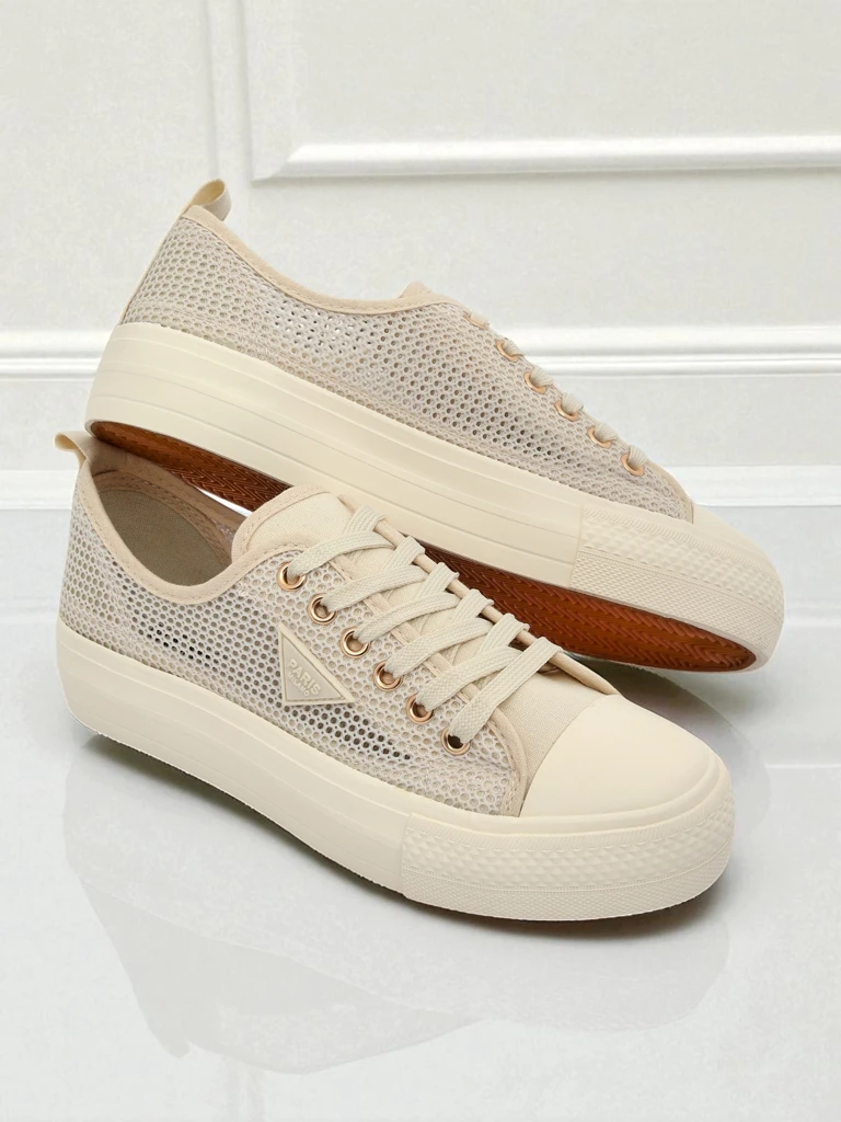 Women's Beige Callista Mesh Sneakers - Flat Heel, Summer Autumn Collection