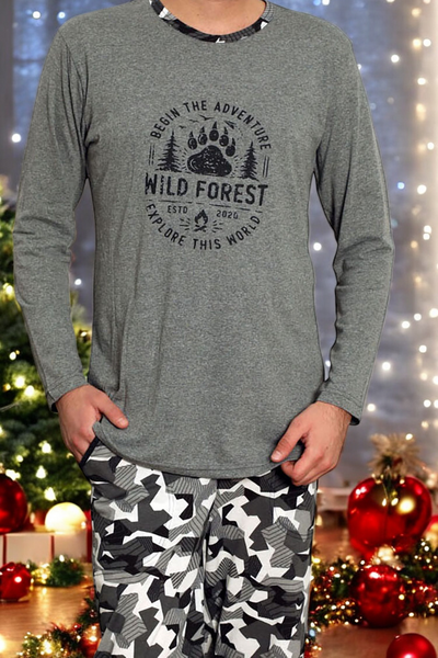 Navy blue men's pajamas with checked trousers - Clothing