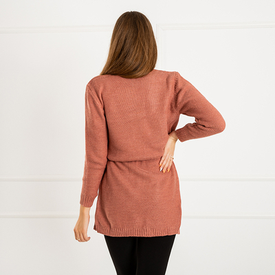 Dark pink women's tied cardigan with colored circles - Clothing
