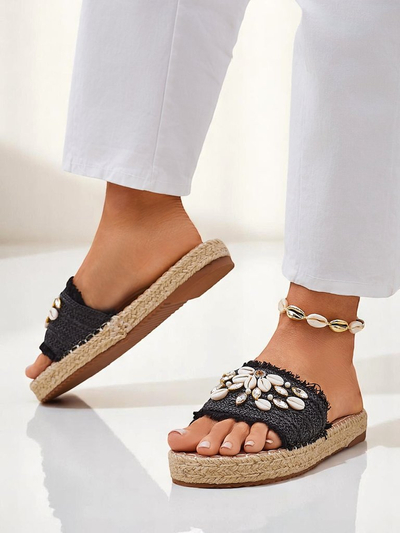 Royalfashion Helena Decor Women's Sandals Black Espadrilles with Shells