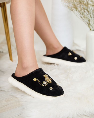 Royalfashion Black women's fur slippers with ornaments Erserra