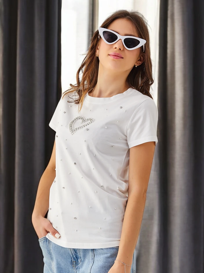 Royalfashion Naiste puuvillane T-särk beediga südamega