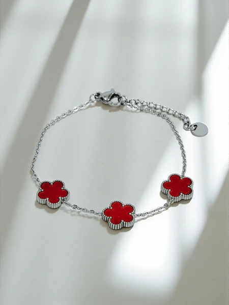 Aurelia Bianca Bracelet with Red Pearl Flowers, Silver