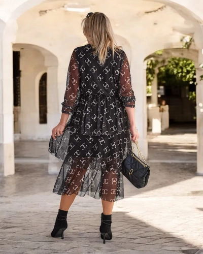 Royalfashion Black mesh midi dress with print
