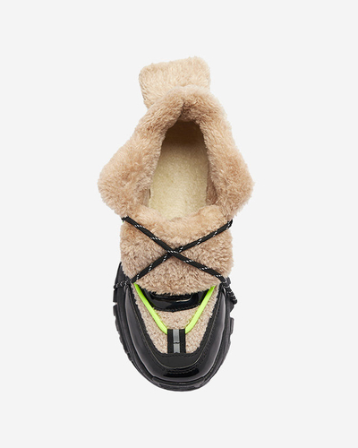 Black women's sports shoes with fur and neon yellow laces Adbo- Footwear