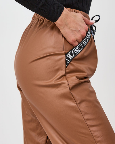 Royalfashion Loose women's eco leather pants in camel color
