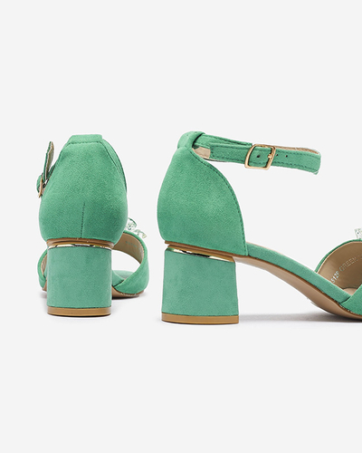 Green women's sandals on a post with decorative crystals Cerosso- Footwear