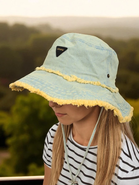 Aristea pastellne teksariidest naiste päikesemüts kollase boho äärisega