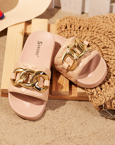 Naiste beežid tepitud kuldketiga sussid Eteris - Jalatsid