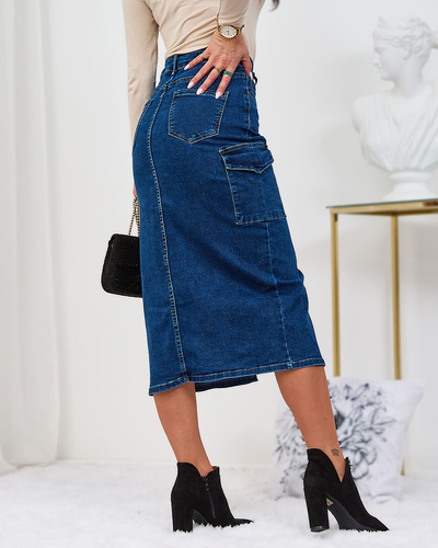 Royalfashion Navy blue denim women's skirt with buttons