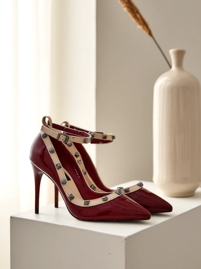 Royalfashion Patent leather women's stiletto heels with studs Qoscalle