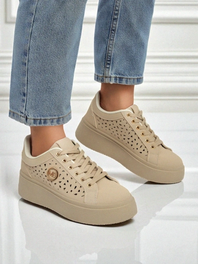 Cleo Ecru Platino – beige platform sneakers Royalfashion eco leather