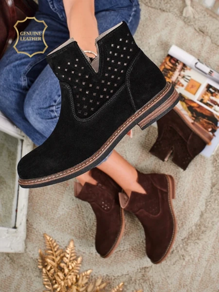 Aurelia Nero suede openwork women's ankle boots flat heel 3cm