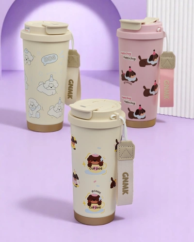 Royalfashion Thermal mug with a basket, straw, and spout Happy Dog