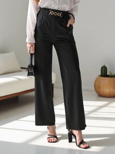 Royalfashion Wide women's trousers with a decorative buckle